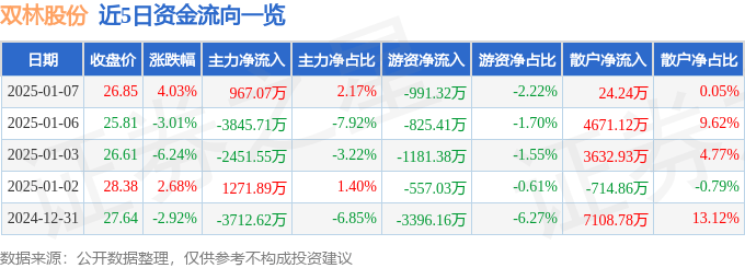 股票行情快报：双林股份（300100）1月7日主力资金净买入967.07万元