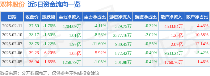 股票行情快报：双林股份（300100）2月11日主力资金净卖出4204.09万元