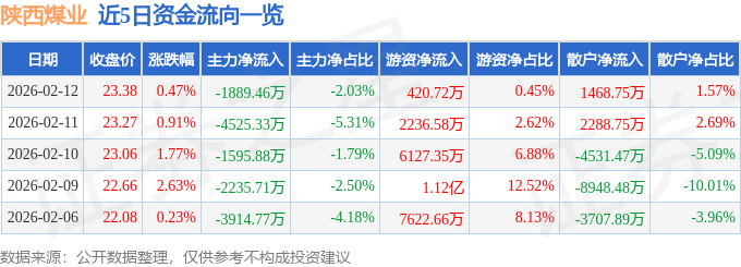 股票行情快报：陕西煤业（601225）2月12日主力资金净卖出1889.46万元
